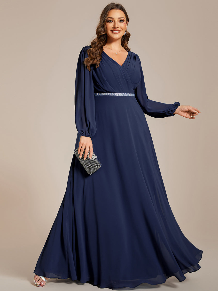 Plus Elegant waisted chiffon V-neck long sleeve guest dress wholesale#Color_Navy Blue