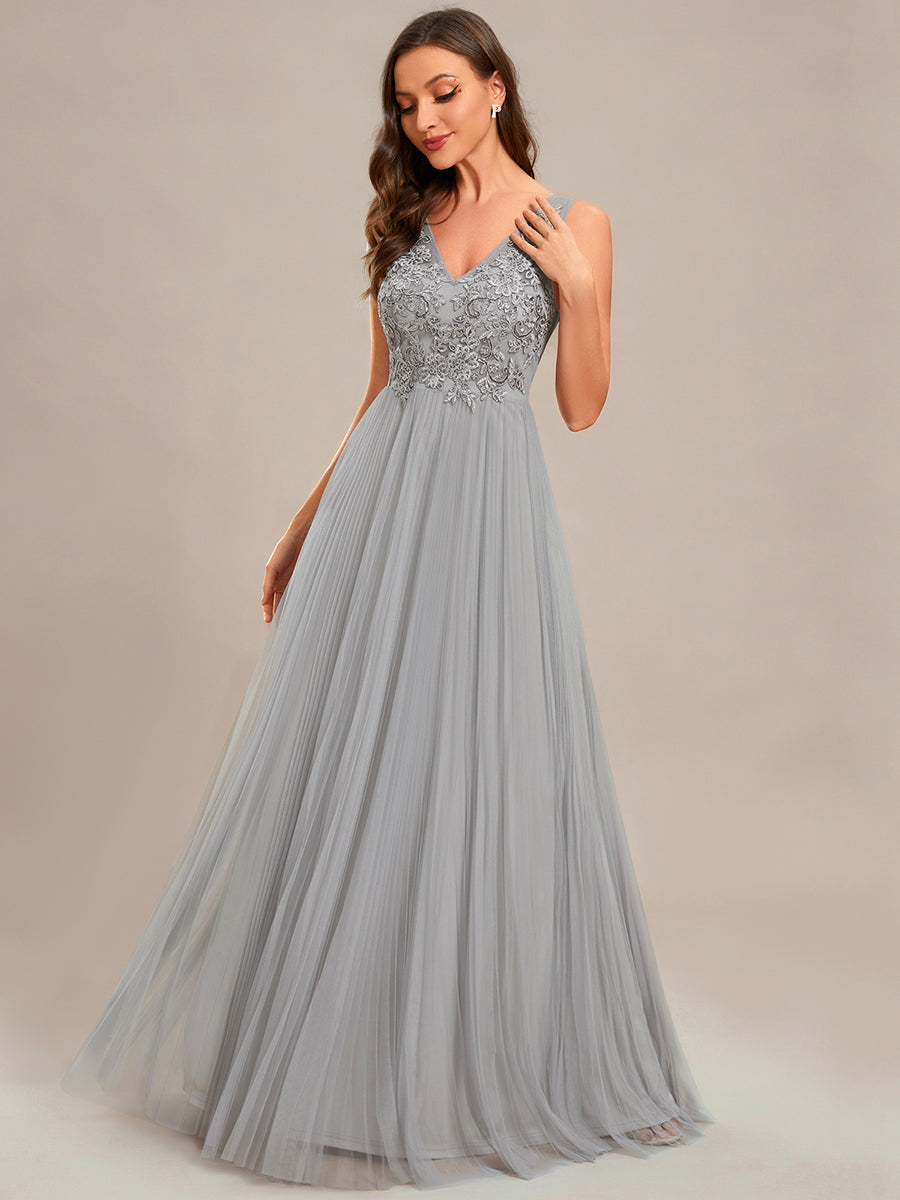 Color=Grey | Elegant  Appliques  Chiffon A-Line Floor Length V Neck Sleeveless Wholesale Evening Dress-Grey 3