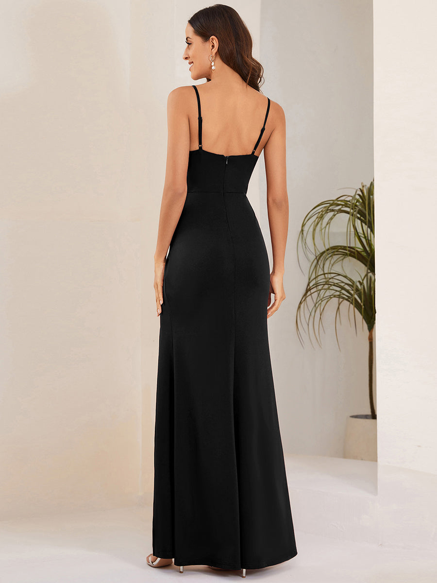 Spaghetti Straps Side Split Pleated Wholesale Evening Dresses#Color_Black