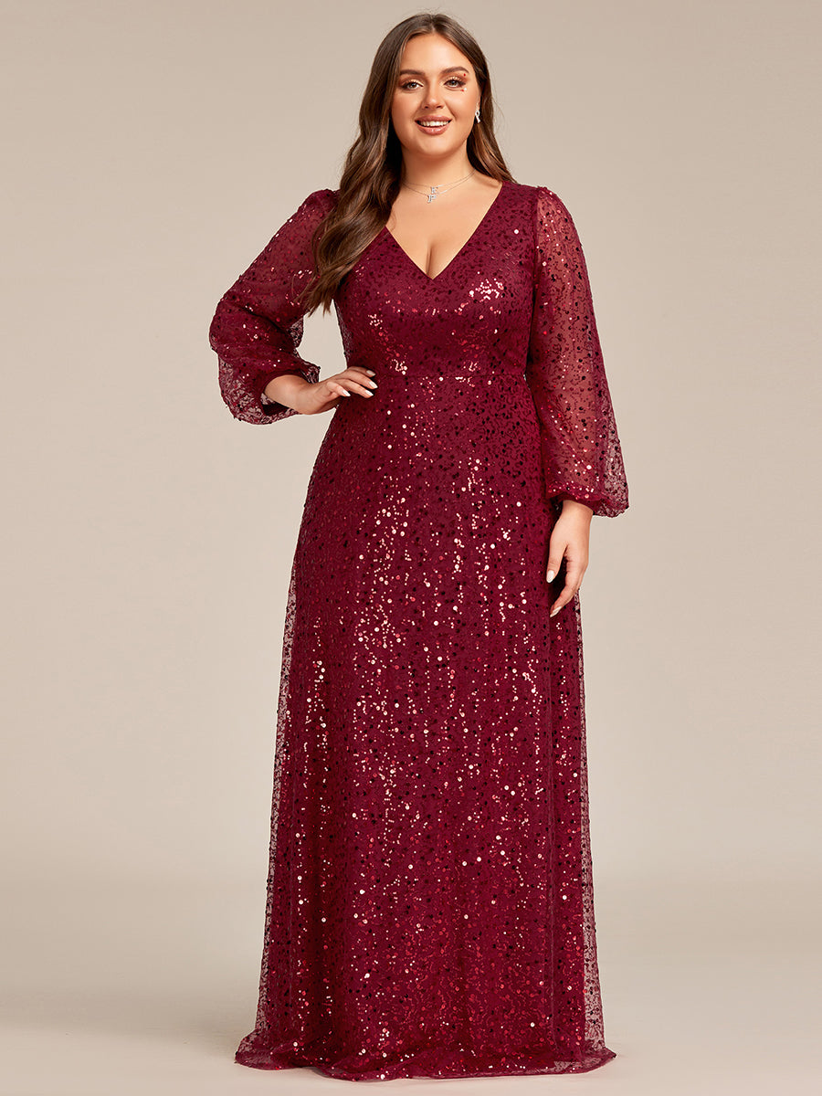 Plus Elegant waisted chiffon V-neck long sleeve guest dress wholesale#Color_Burgundy