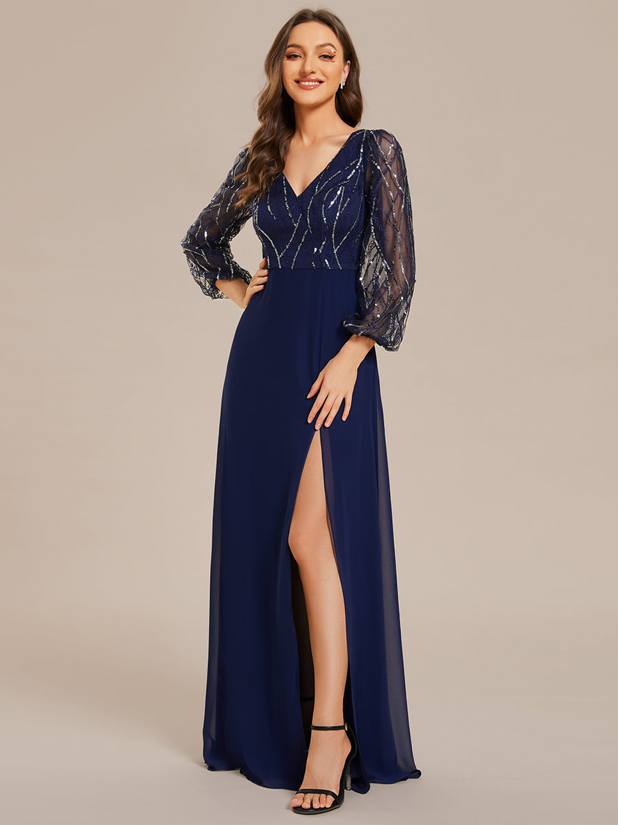 Color=Navy Blue | Maxi Long Sequin Wholesale Evening Dress with Long Sleeves-Navy Blue 1
