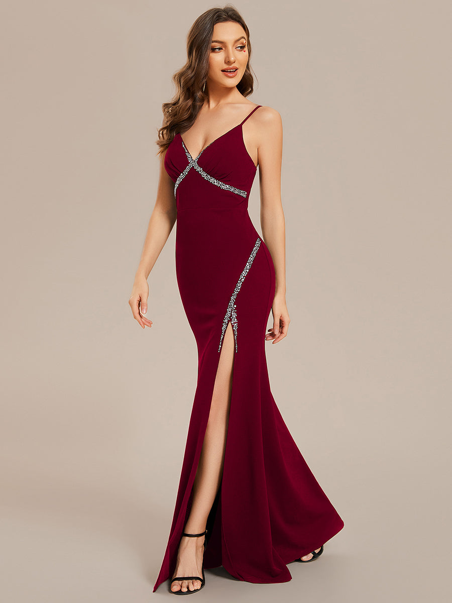 V Neck Side Split Fishtail Shiny Wholesale Evening Dresses#Color_Burgundy