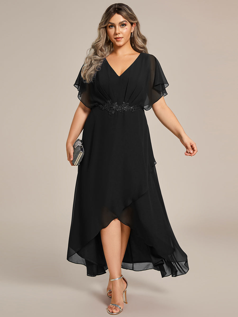 Color=Black | Chiffon Appliques  High-low  Wholesale Evening Dress with Short Sleeves-Black 1