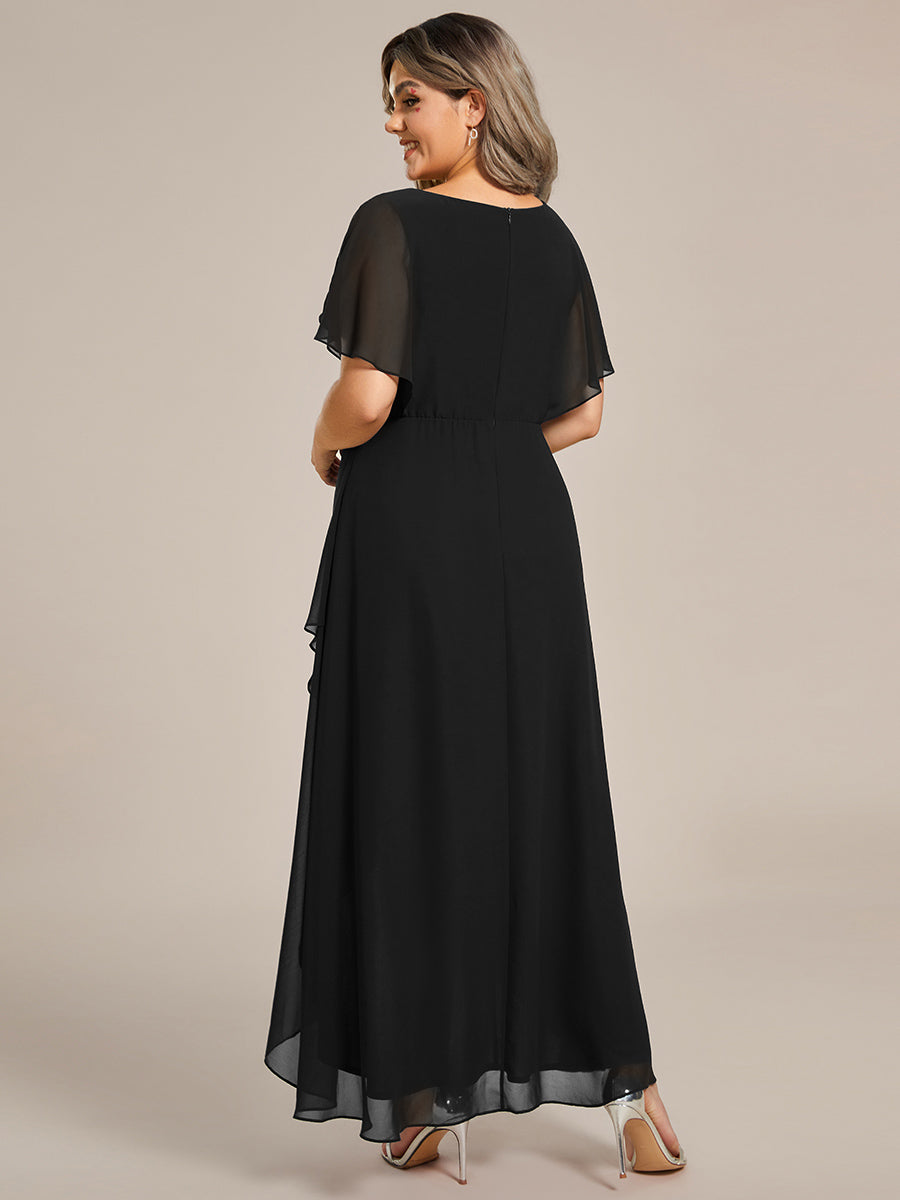 Color=Black | Chiffon Appliques  High-low  Wholesale Evening Dress with Short Sleeves-Black 5