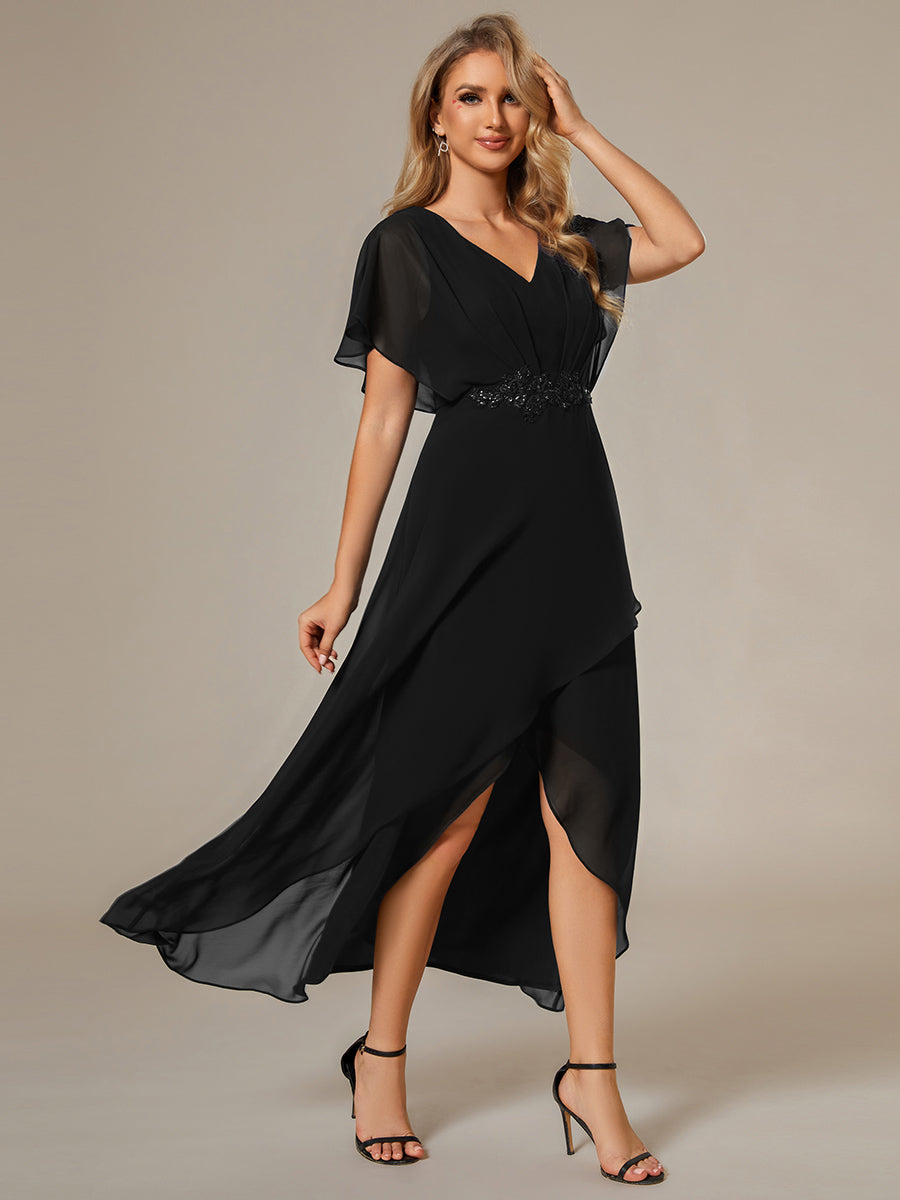 Color=Black | Chiffon Appliques  High-low  Wholesale Evening Dress with Short Sleeves-Black 1