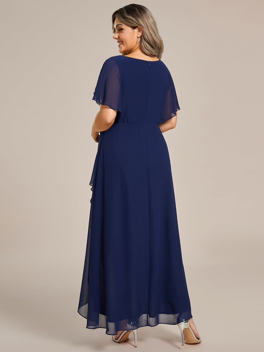 Color=Navy Blue | Chiffon Appliques  High-low  Wholesale Evening Dress with Short Sleeves-Navy Blue 5