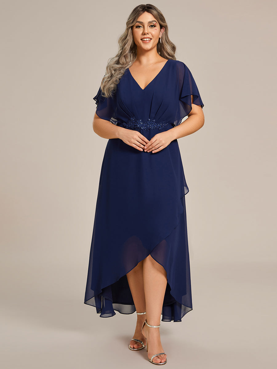 Color=Navy Blue | Chiffon Appliques  High-low  Wholesale Evening Dress with Short Sleeves-Navy Blue 5