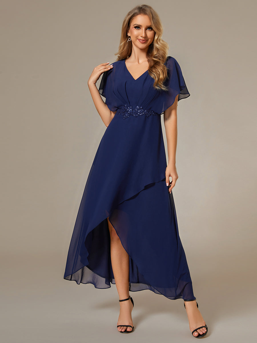 Color=Navy Blue | Chiffon Appliques  High-low  Wholesale Evening Dress with Short Sleeves-Navy Blue 1