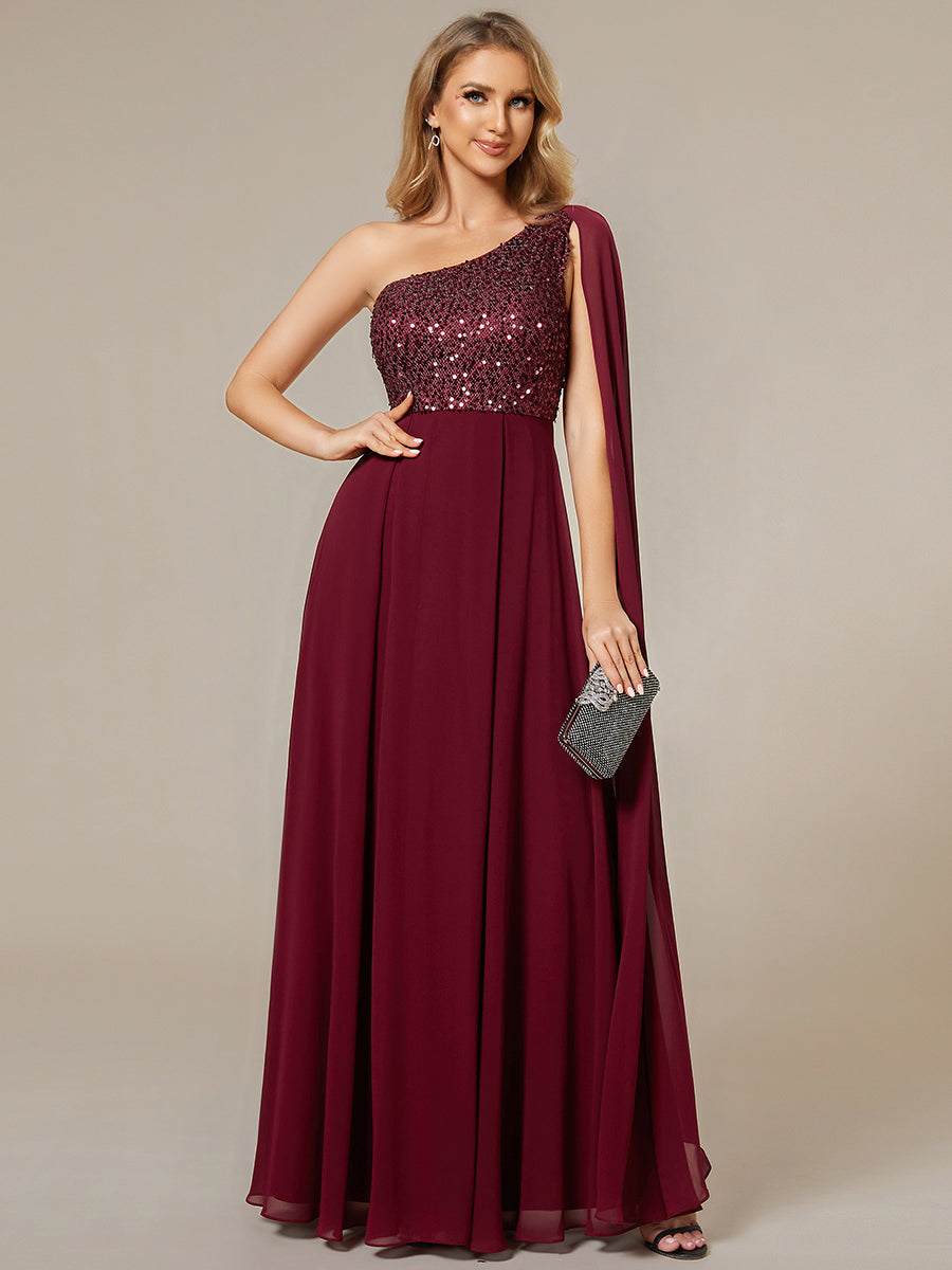 Color=Burgundy | A-Line Shiny Sequin Chiffon Bodice One Shoulder Sleeveless Evening Dresses-Burgundy 2