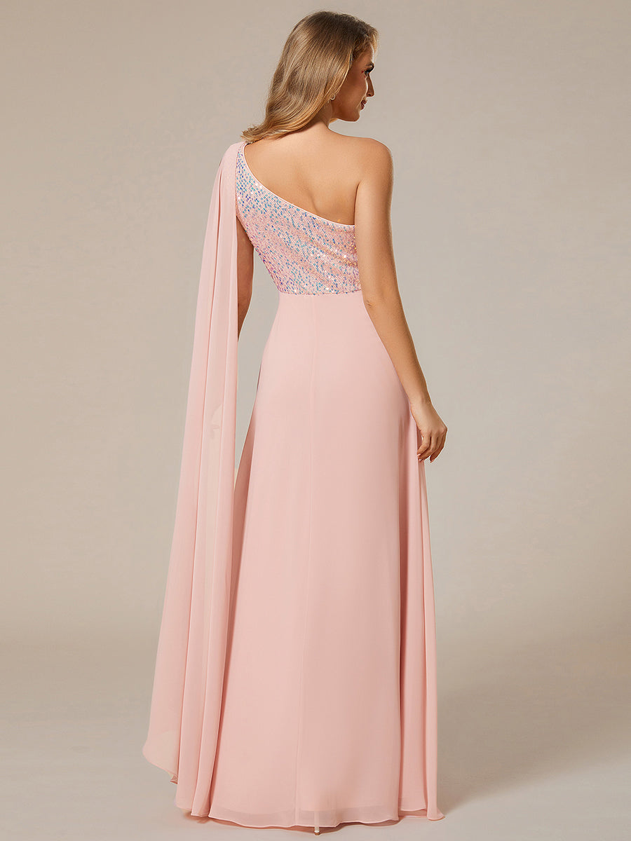 Color=Pink | A-Line Shiny Sequin Chiffon Bodice One Shoulder Sleeveless Evening Dresses-Pink 10