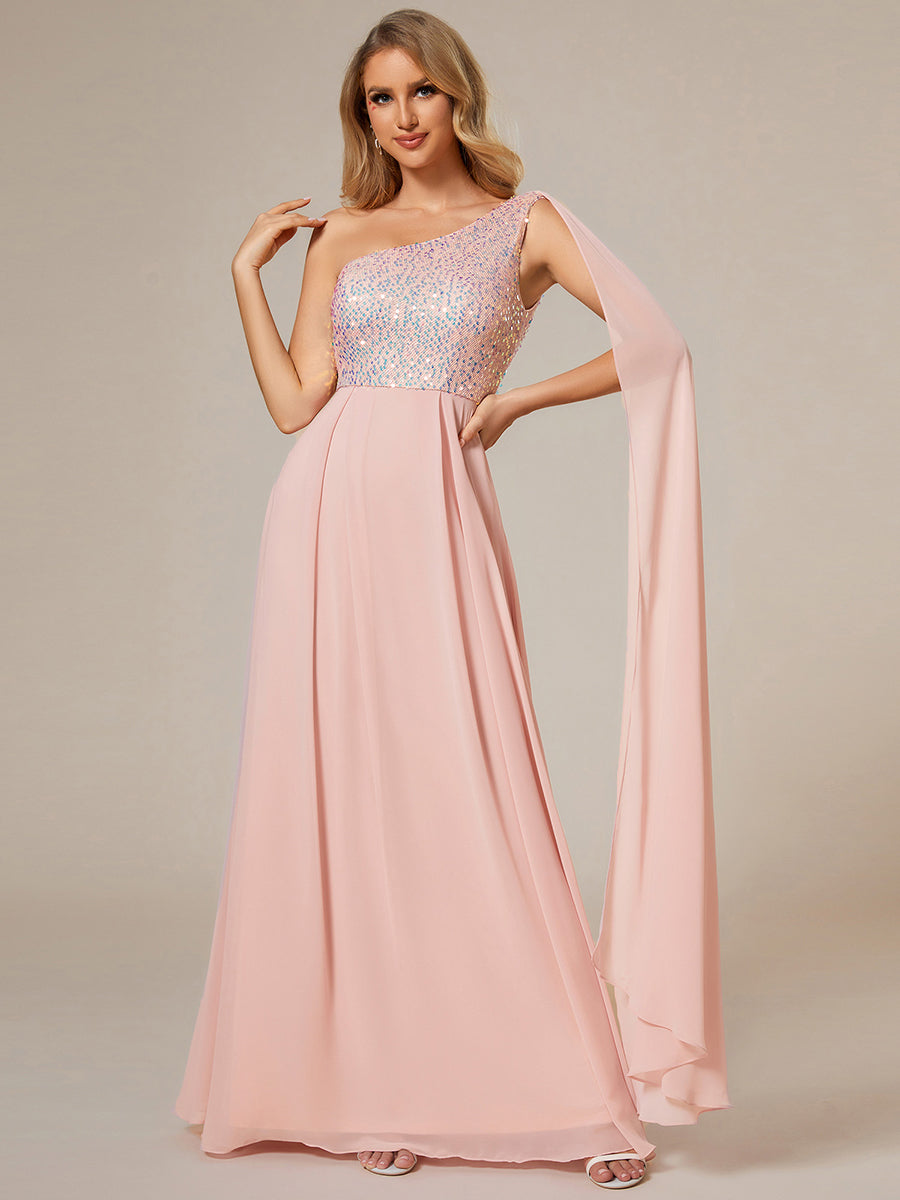 Color=Pink | A-Line Shiny Sequin Chiffon Bodice One Shoulder Sleeveless Evening Dresses-Pink 9