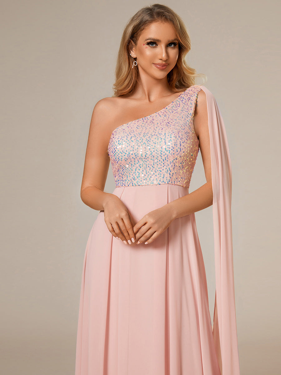 Color=Pink | A-Line Shiny Sequin Chiffon Bodice One Shoulder Sleeveless Evening Dresses-Pink 