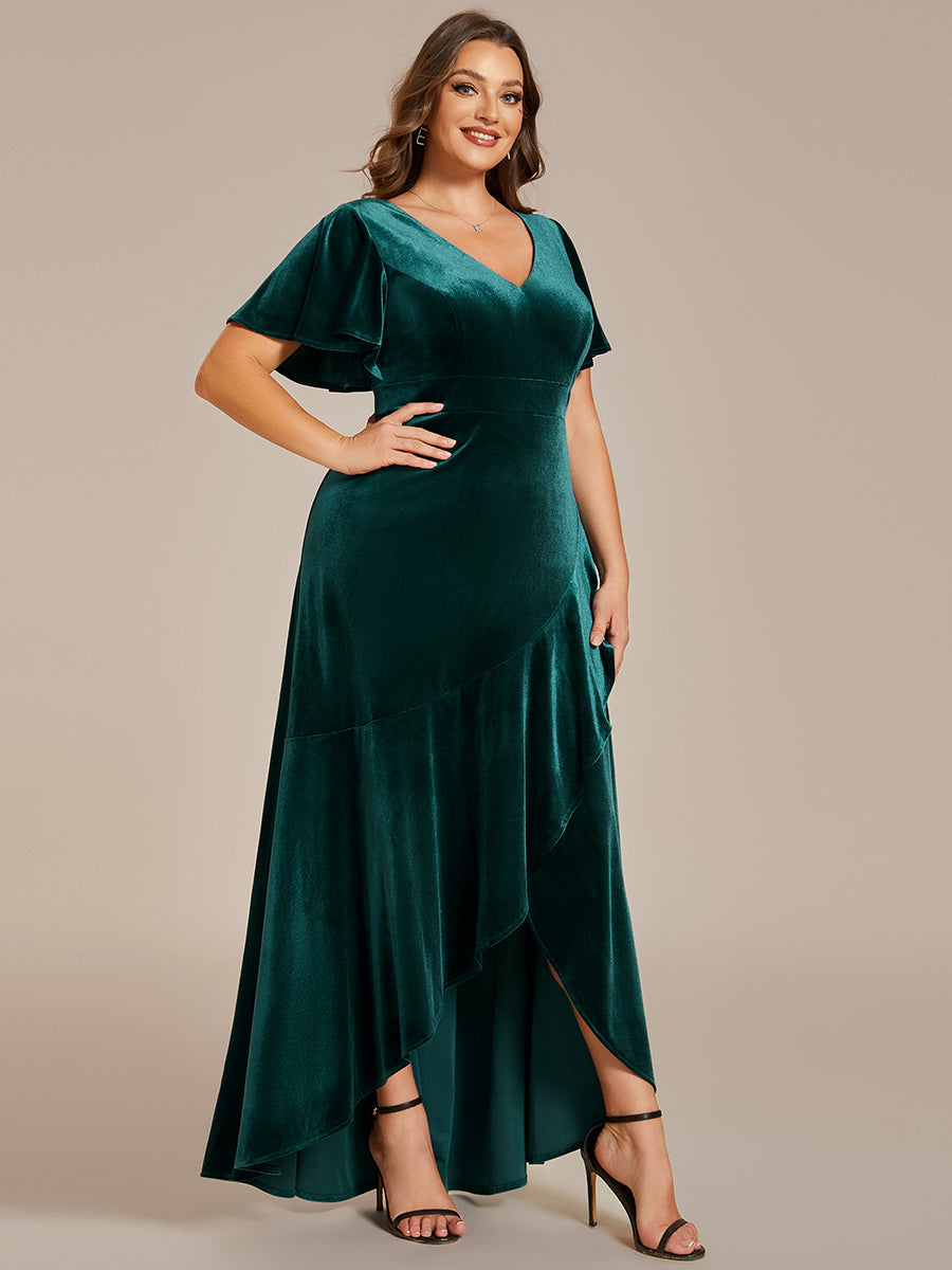 Color=Plus Burgundy | Maxi Long Sequin Wholesale Evening Dress with Long Sleeves-Dark Green 3