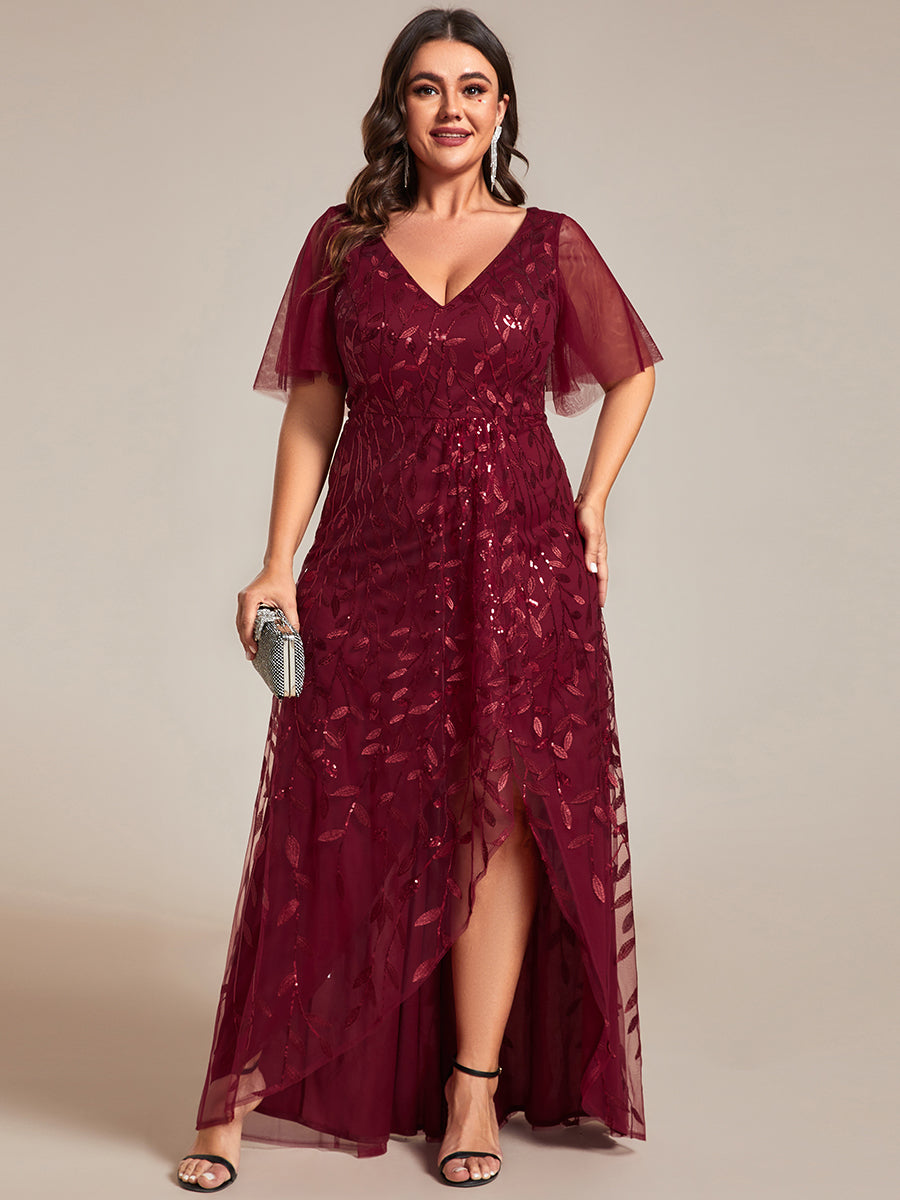 Color=Burgundy | Plus Sequin Mesh High Low V-Neck Midi Evening Dress With Short Sleeves-Burgundy 1