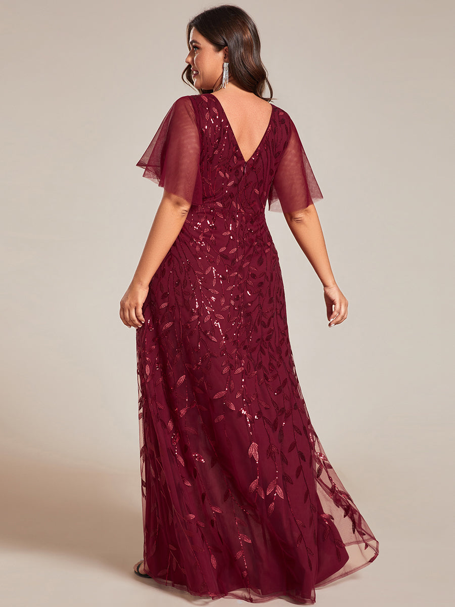 Color=Burgundy | Plus Sequin Mesh High Low V-Neck Midi Evening Dress With Short Sleeves-Burgundy 1