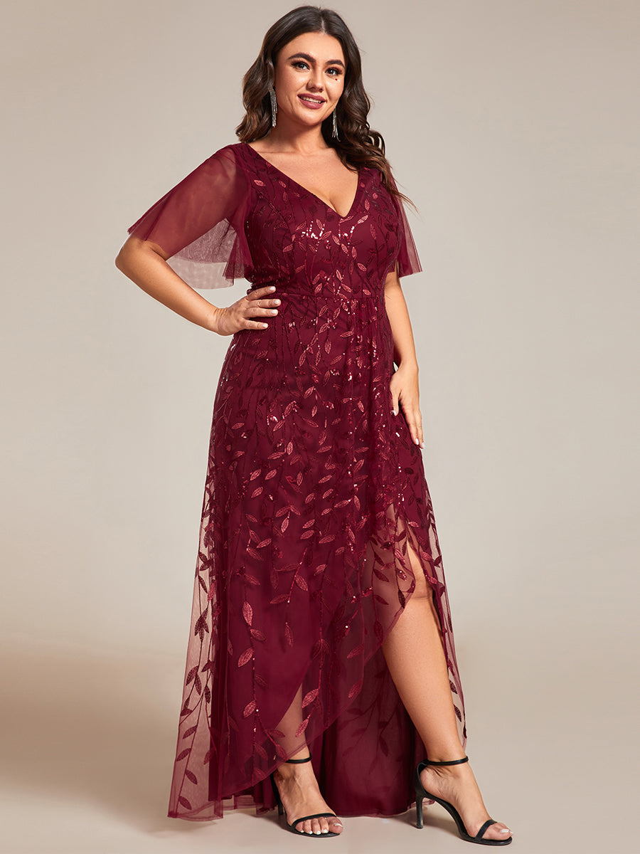 Color=Burgundy | Plus Sequin Mesh High Low V-Neck Midi Evening Dress With Short Sleeves-Burgundy 1