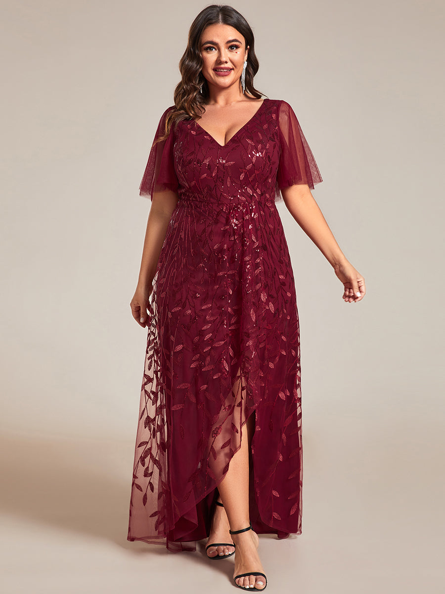 Color=Burgundy | Plus Sequin Mesh High Low V-Neck Midi Evening Dress With Short Sleeves-Burgundy 1