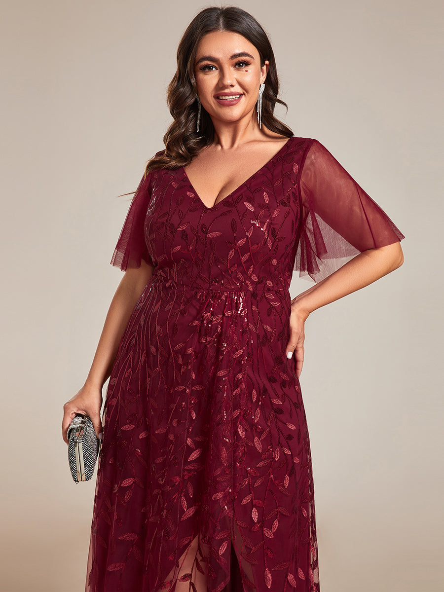 Color=Burgundy | Plus Sequin Mesh High Low V-Neck Midi Evening Dress With Short Sleeves-Burgundy 1