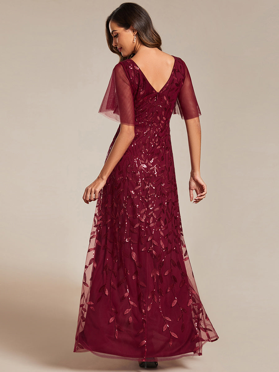 Color=Burgundy | Sequin Mesh High Low V-Neck Midi Evening Dress With Short Sleeves-Burgundy 2