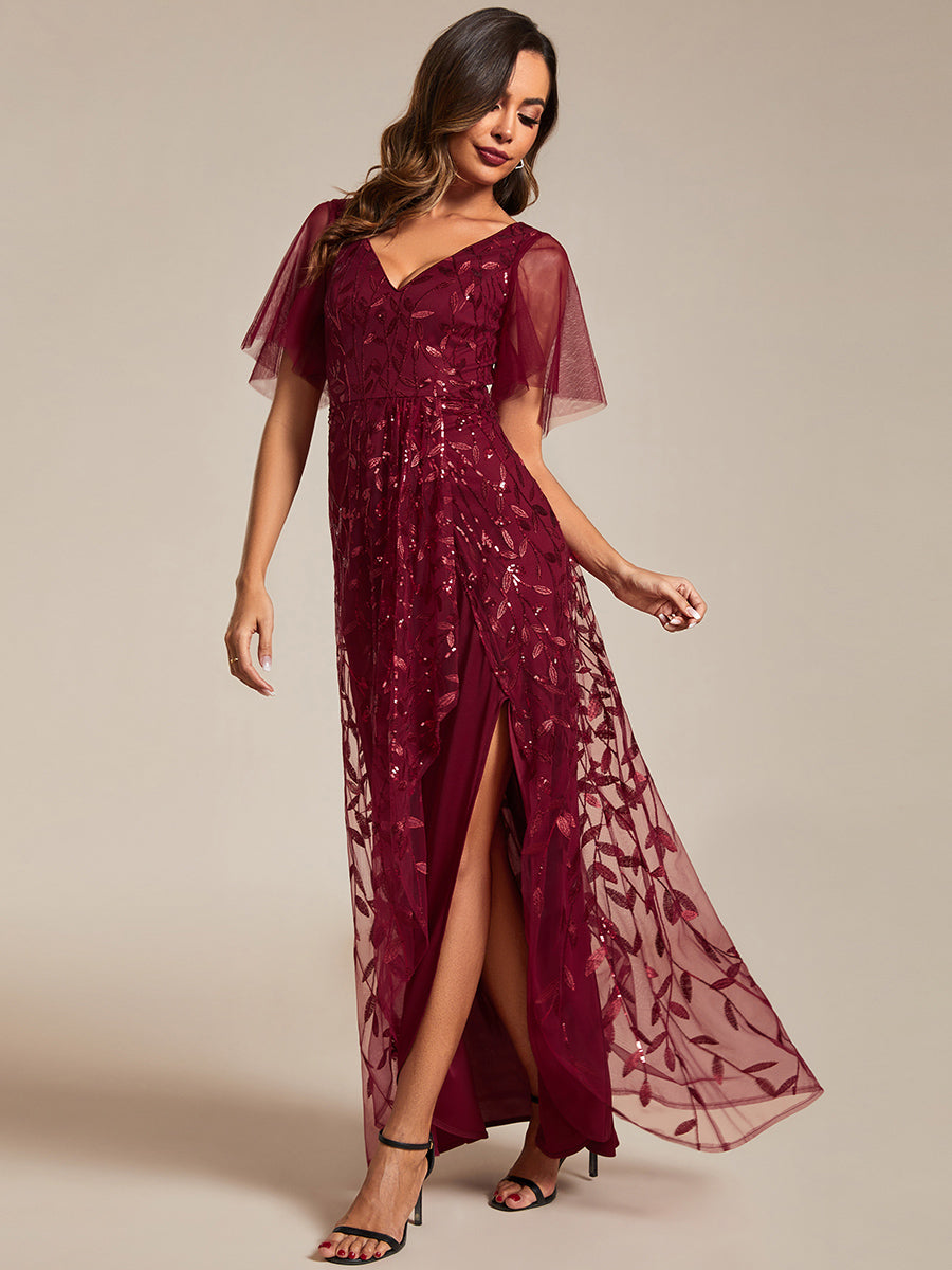 Color=Burgundy | Sequin Mesh High Low V-Neck Midi Evening Dress With Short Sleeves-Burgundy 3
