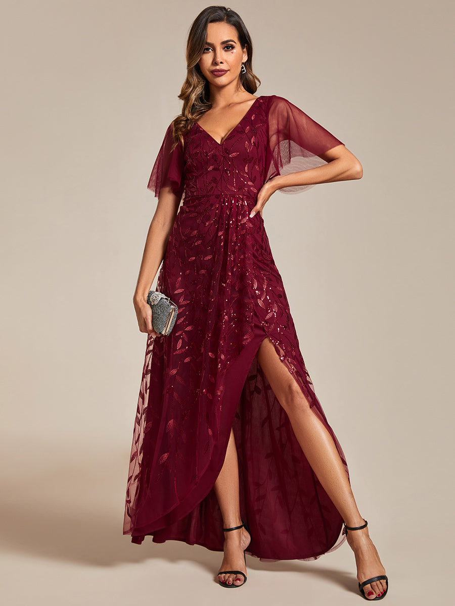Color=Burgundy | Sequin Mesh High Low V-Neck Midi Evening Dress With Short Sleeves-Burgundy 5