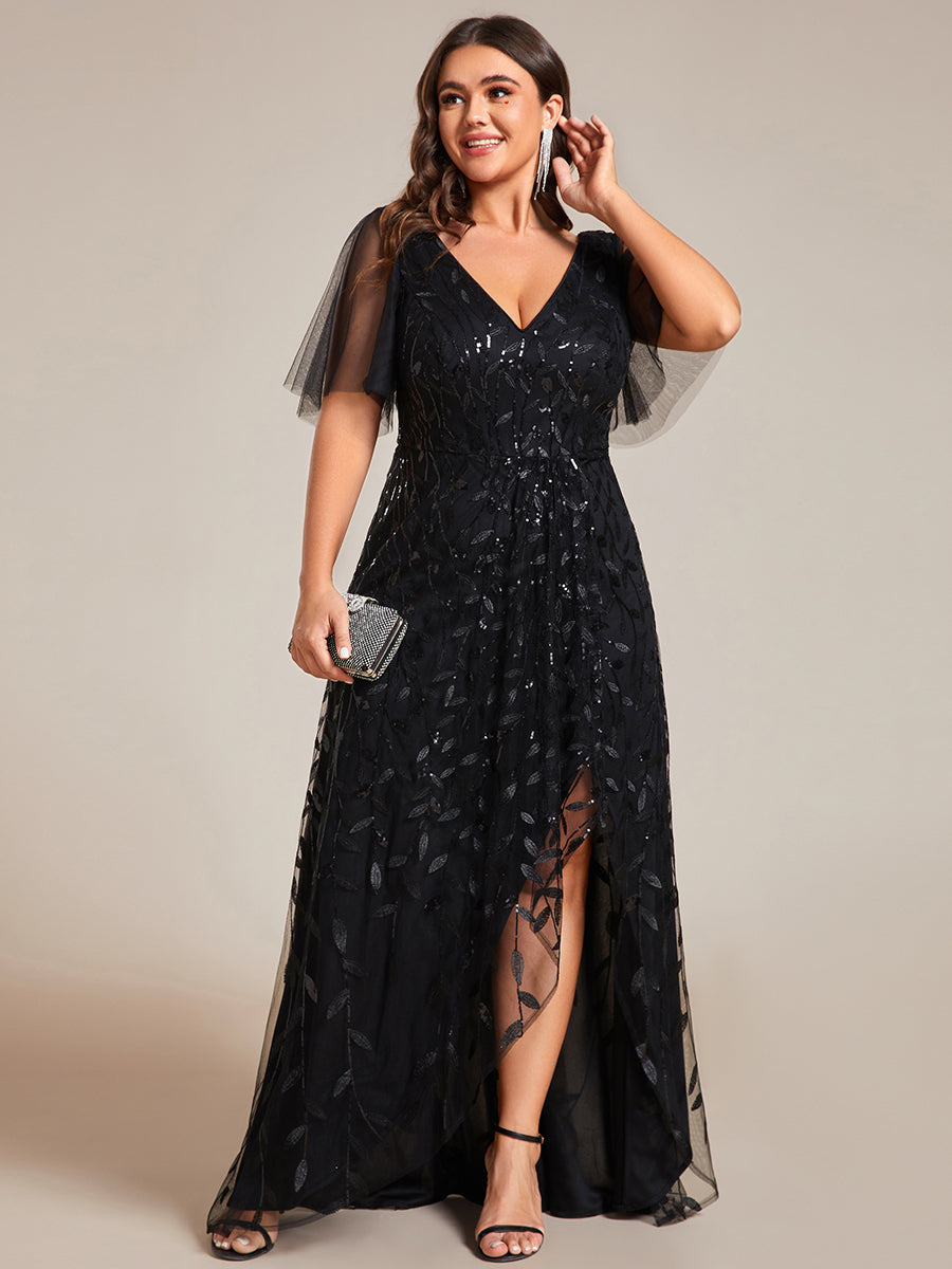 Color=Black | Plus Sequin Mesh High Low V-Neck Midi Evening Dress With Short Sleeves-Black 4