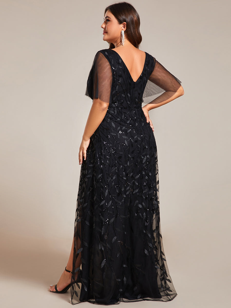 Color=Black | Plus Sequin Mesh High Low V-Neck Midi Evening Dress With Short Sleeves-Black 3