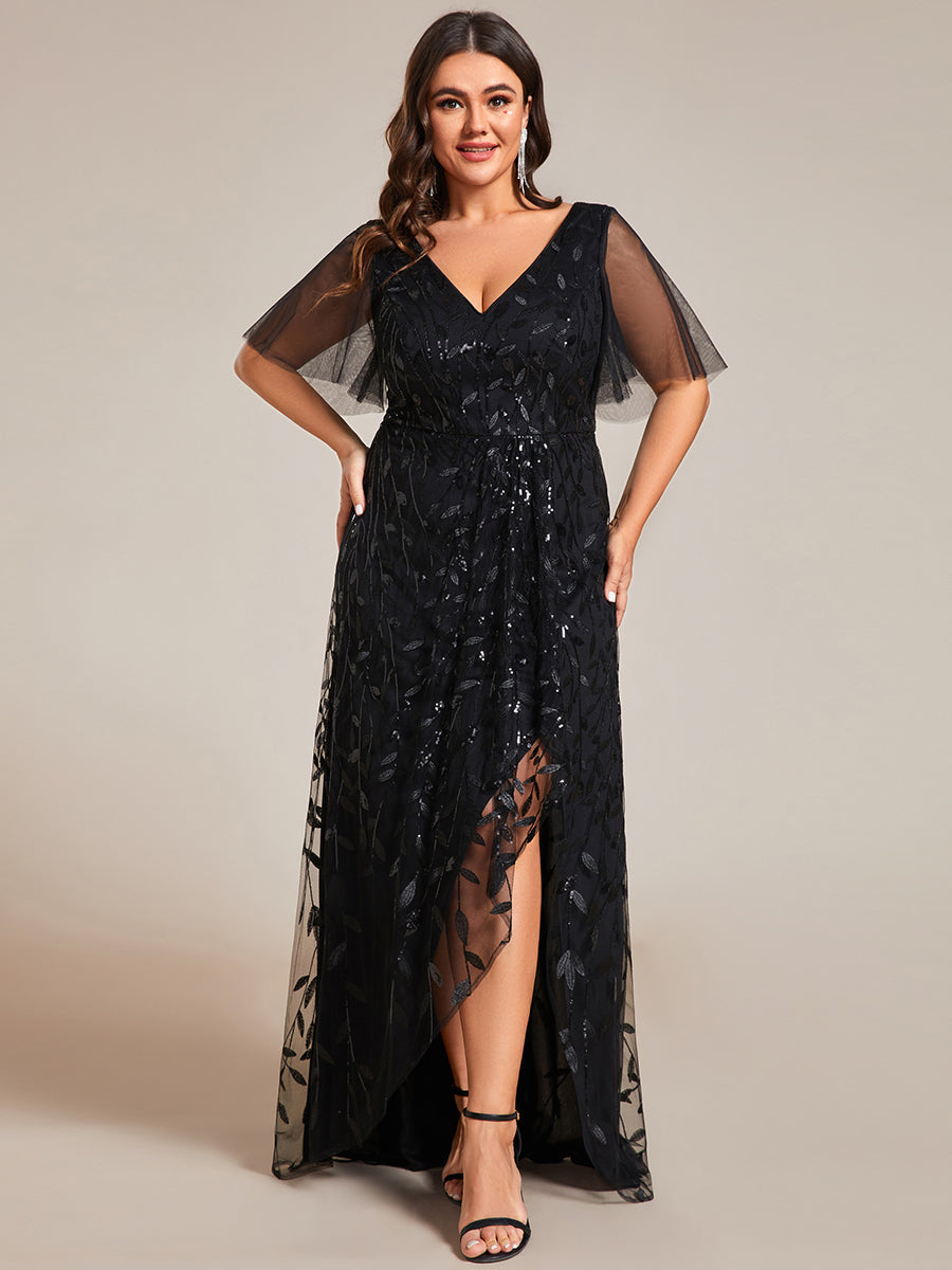 Color=Black | Plus Sequin Mesh High Low V-Neck Midi Evening Dress With Short Sleeves-Black 1