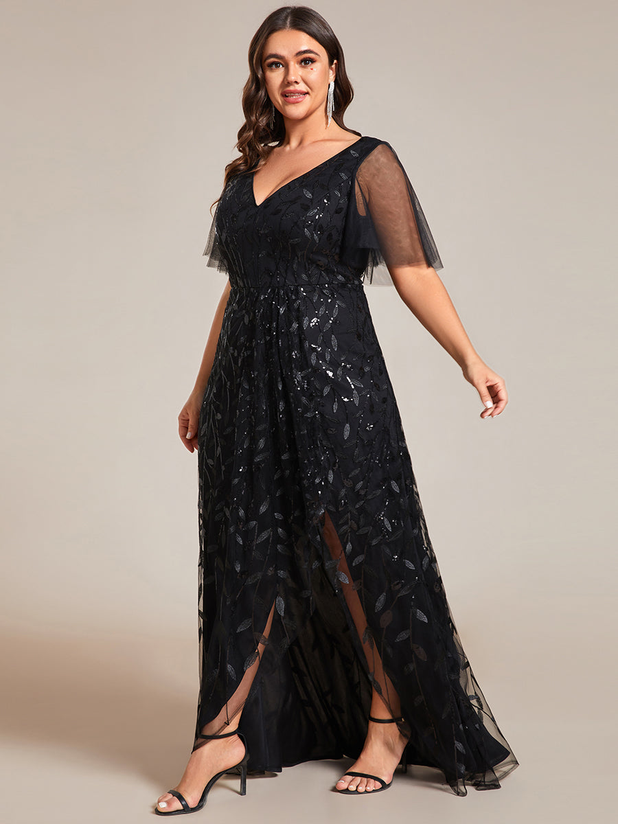 Color=Black | Plus Sequin Mesh High Low V-Neck Midi Evening Dress With Short Sleeves-Black 1