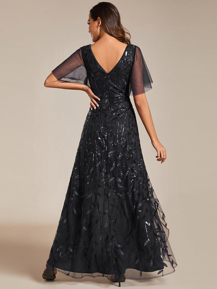Color=Black | Sequin Mesh High Low V-Neck Midi Evening Dress With Short Sleeves-Black 15