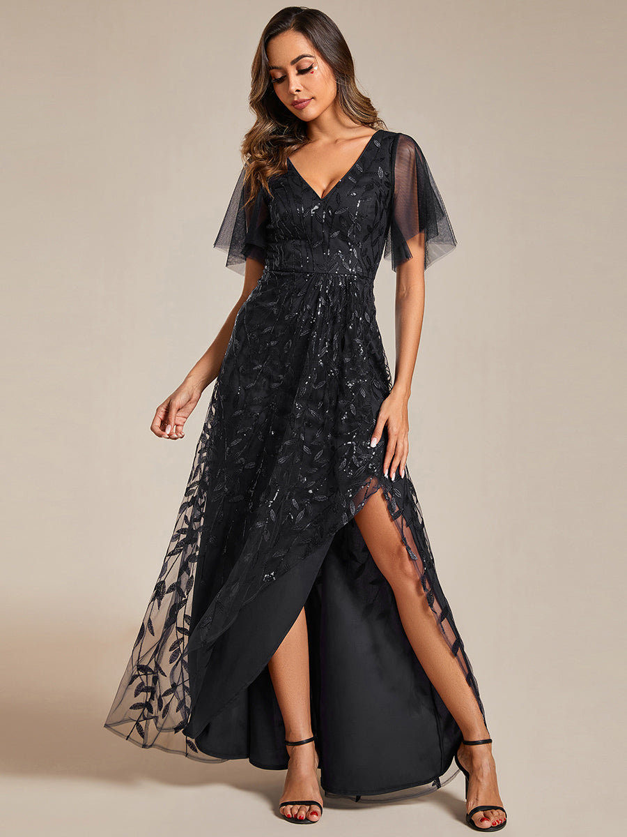 Color=Black | Sequin Mesh High Low V-Neck Midi Evening Dress With Short Sleeves-Black 13