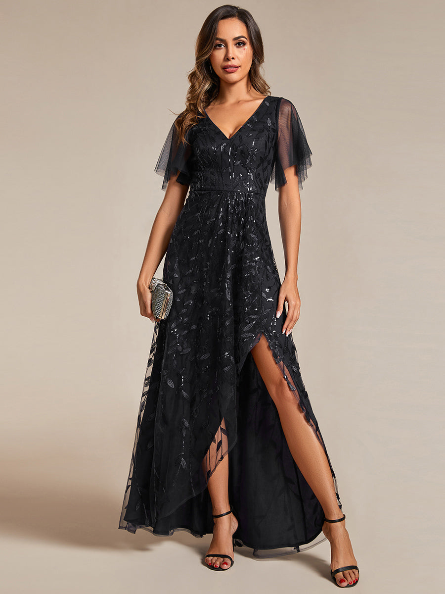 Color=Black | Sequin Mesh High Low V-Neck Midi Evening Dress With Short Sleeves-Black