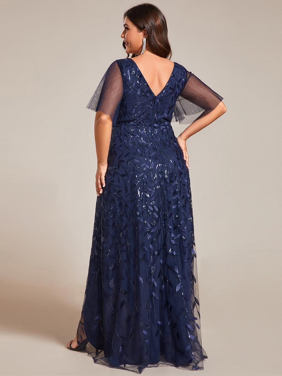 Color=Navy Blue | Plus Sequin Mesh High Low V-Neck Midi Evening Dress With Short Sleeves-Navy Blue 1