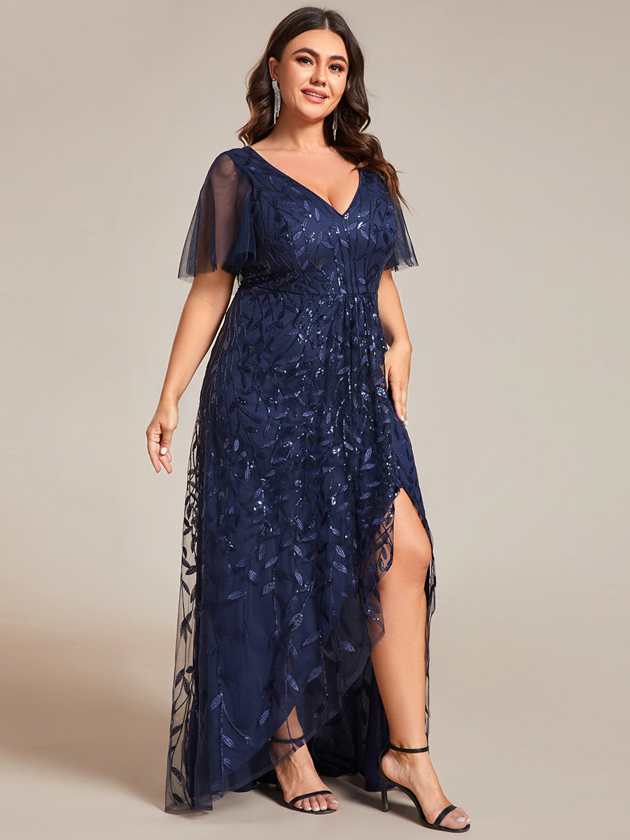 Color=Navy Blue | Plus Sequin Mesh High Low V-Neck Midi Evening Dress With Short Sleeves-Navy Blue 1