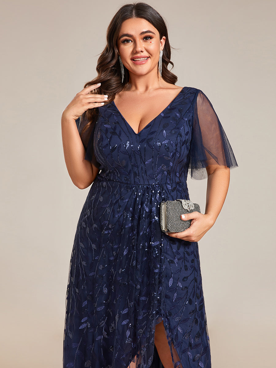 Color=Navy Blue | Plus Sequin Mesh High Low V-Neck Midi Evening Dress With Short Sleeves-Navy Blue 1