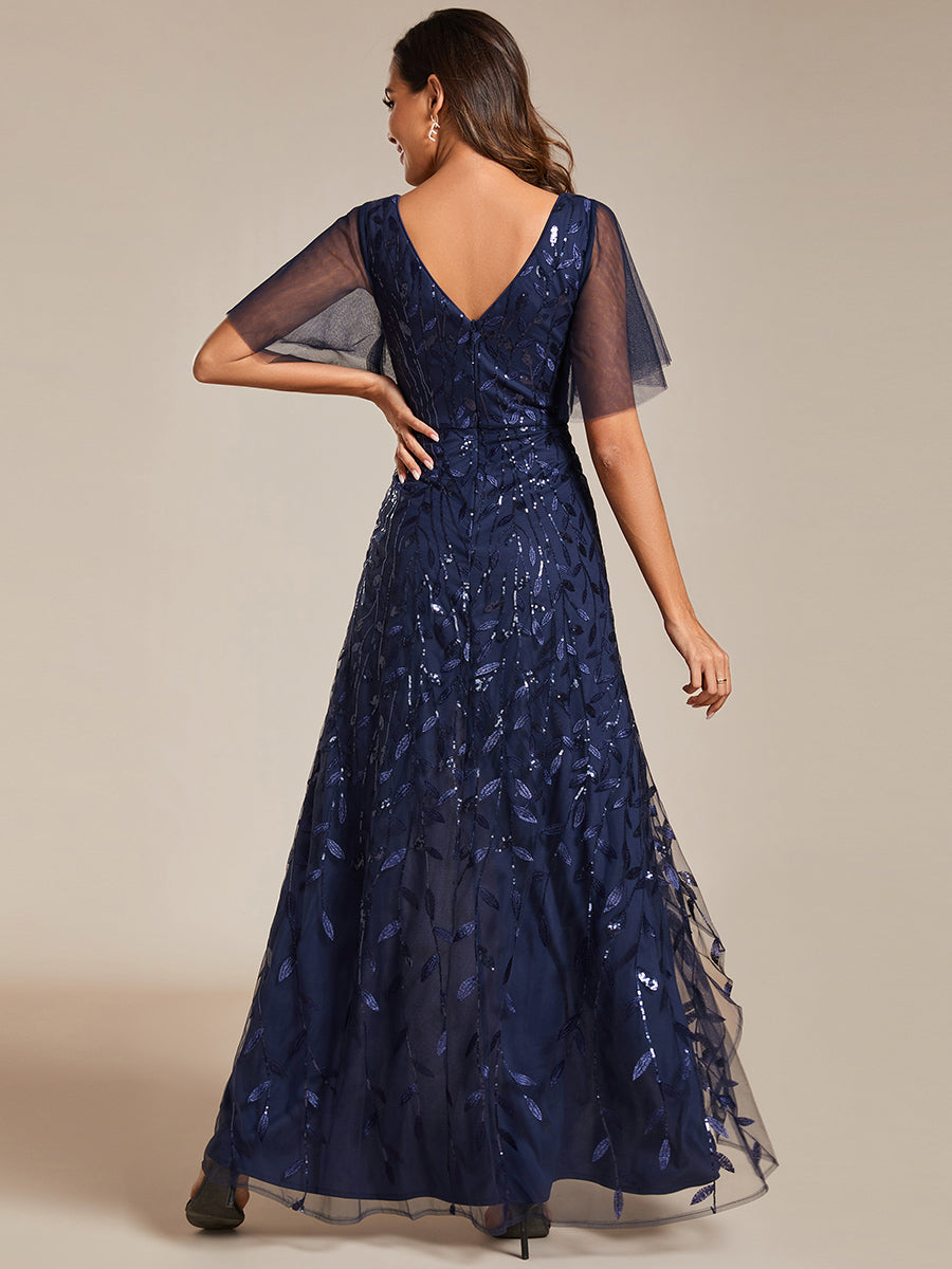 Color=Navy Blue | Sequin Mesh High Low V-Neck Midi Evening Dress With Short Sleeves-Navy Blue 