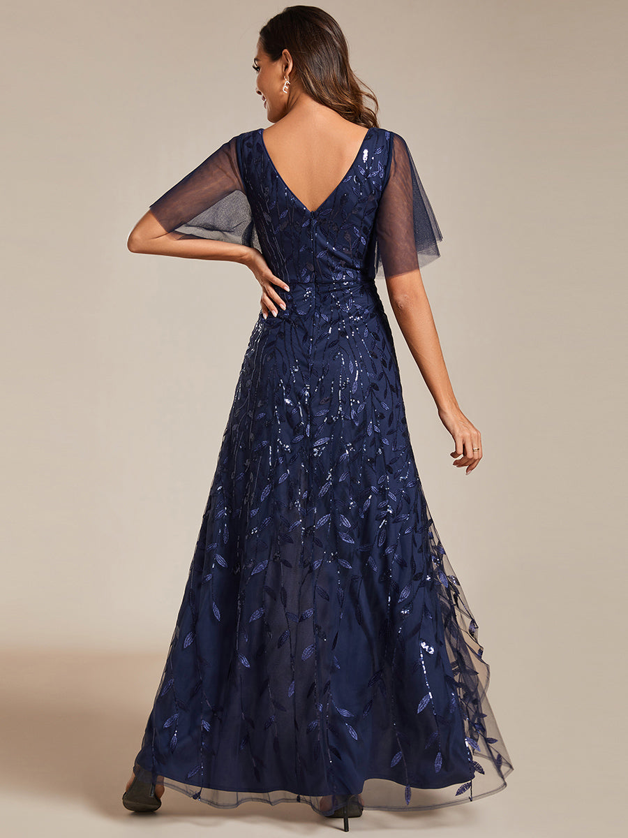 Color=Navy Blue | Sequin Mesh High Low V-Neck Midi Evening Dress With Short Sleeves-Navy Blue