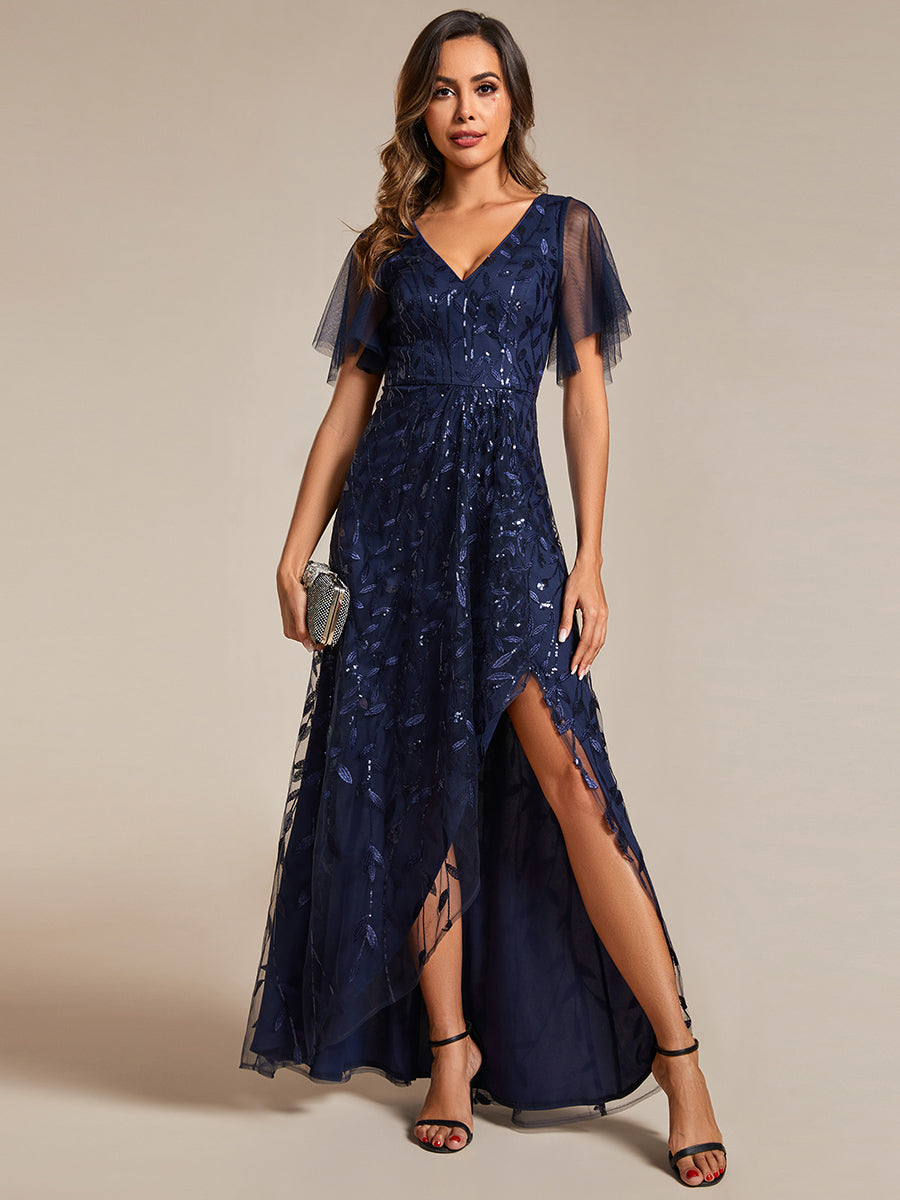 Color=Navy Blue | Sequin Mesh High Low V-Neck Midi Evening Dress With Short Sleeves-Navy Blue