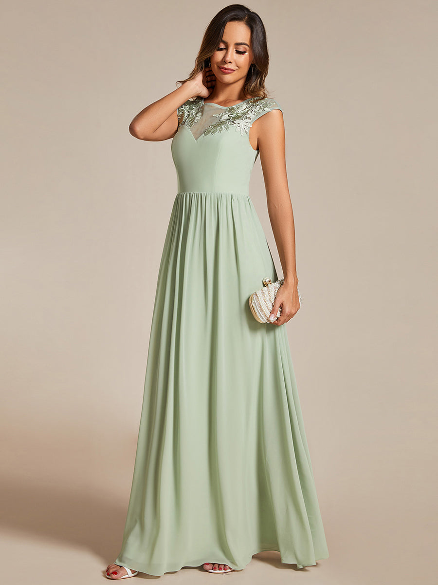Color=Mint Green | Embroidery Round Neck Floor Length Bridesmaid Dress With Raglan Sleeves-Mint Green 3