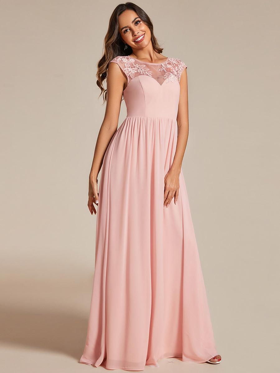 Color=Pink | Embroidery Round Neck Floor Length Bridesmaid Dress With Raglan Sleeves-Pink 9