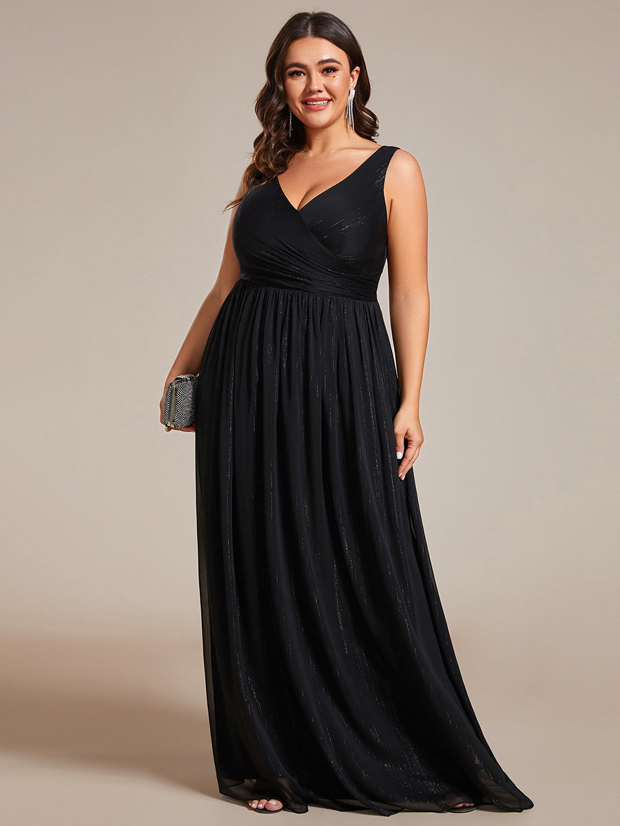 Color=Plus Charcoal | Glittery Floor Length V-Neck Sleeveless Evening Dress-Black