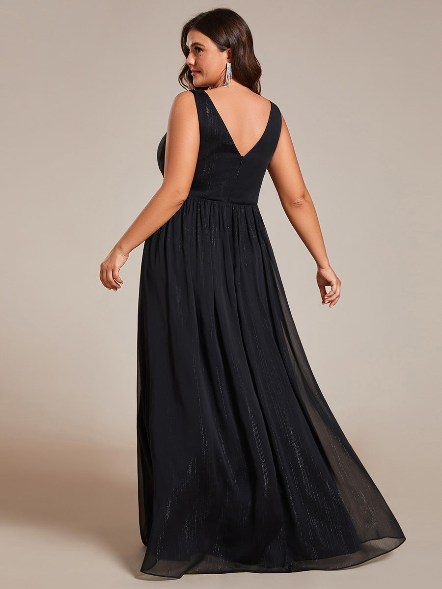 Color=Plus Charcoal | Glittery Floor Length V-Neck Sleeveless Evening Dress-Black