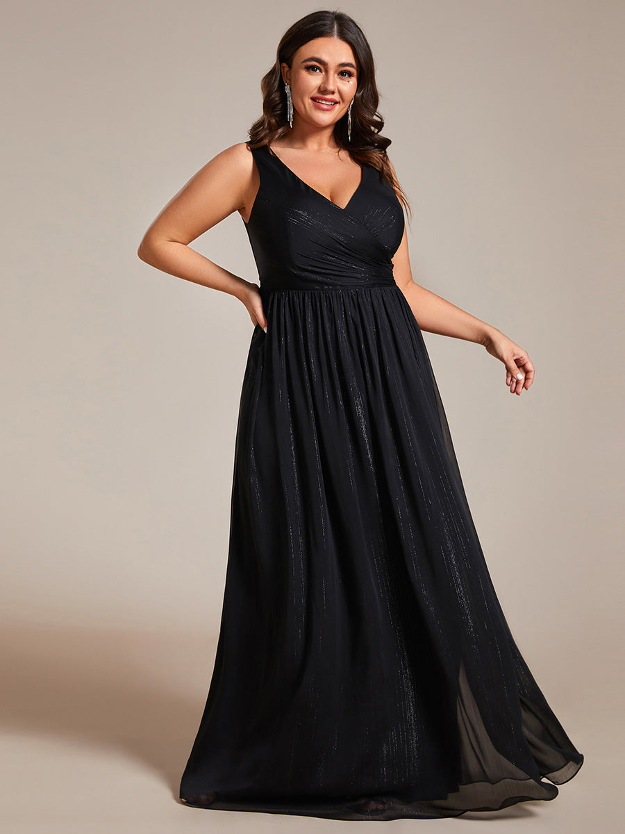 Color=Plus Charcoal | Glittery Floor Length V-Neck Sleeveless Evening Dress-Black