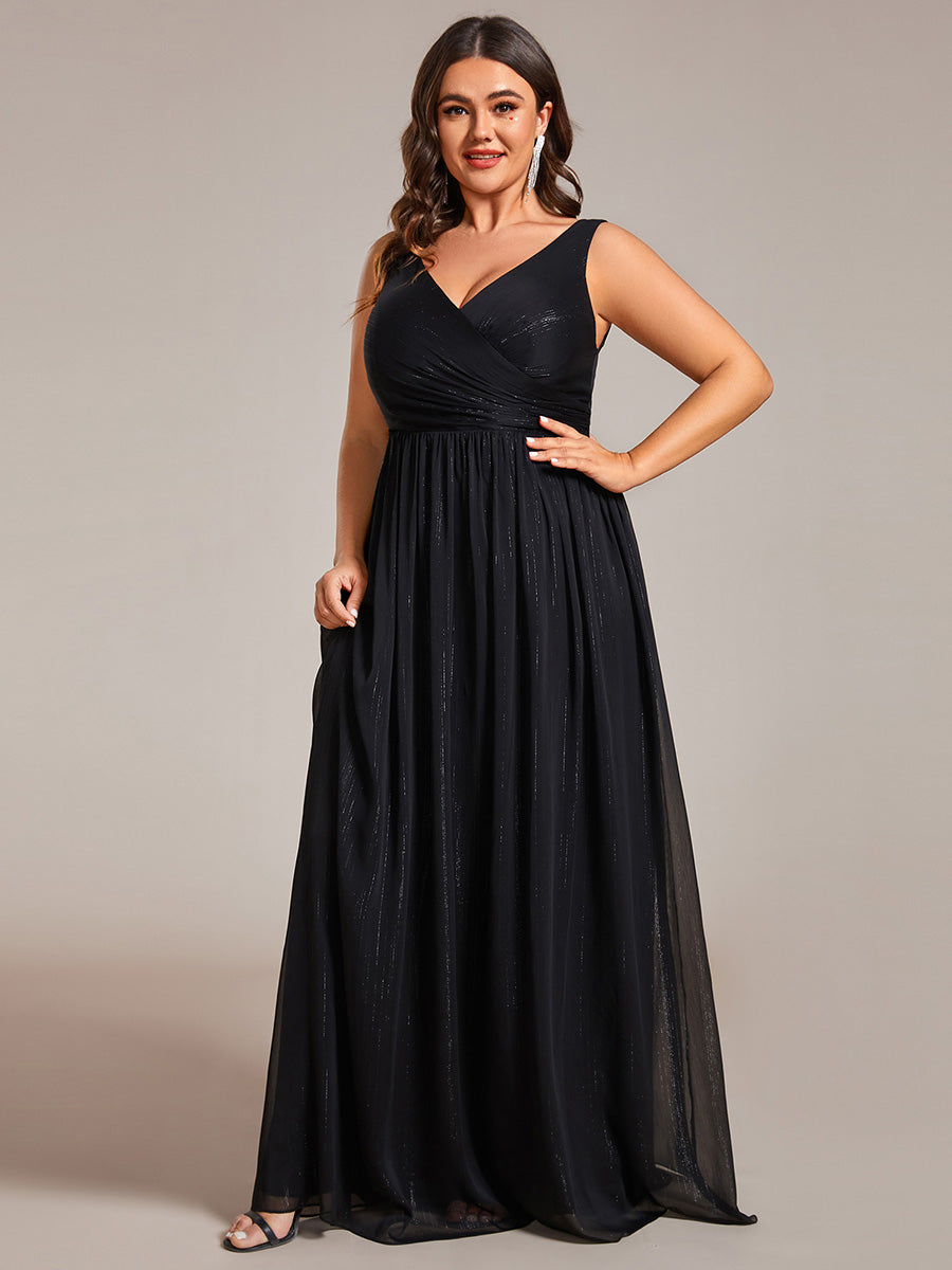 Color=Plus Charcoal | Glittery Floor Length V-Neck Sleeveless Evening Dress-Black