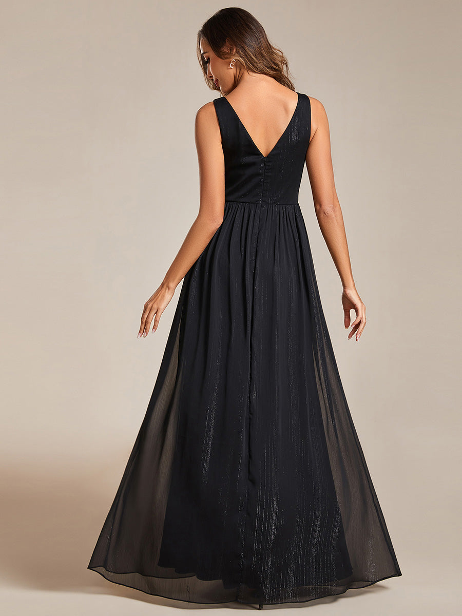 Color=Black | Glittery Floor Length V-Neck Sleeveless Evening Dress-Black 3