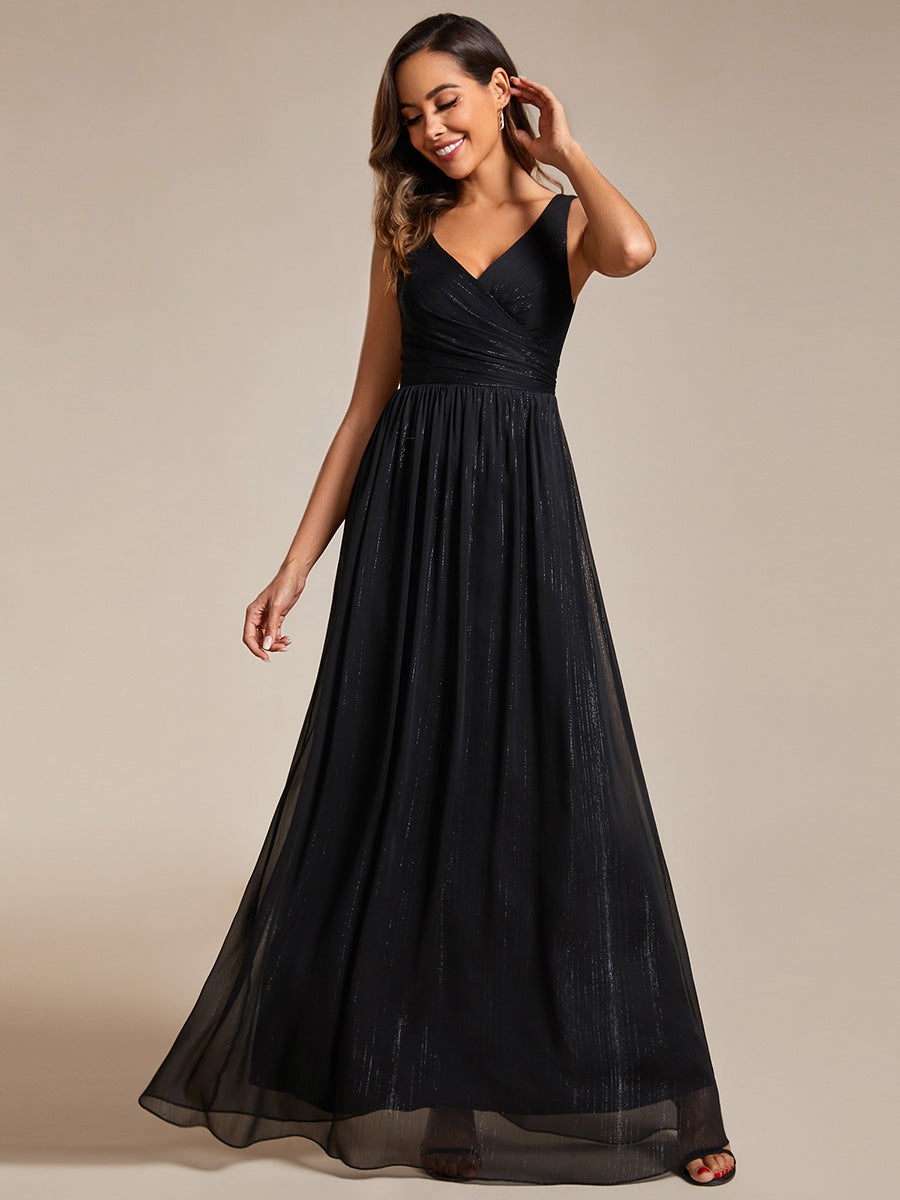 Color=Black | Glittery Floor Length V-Neck Sleeveless Evening Dress-Black 1