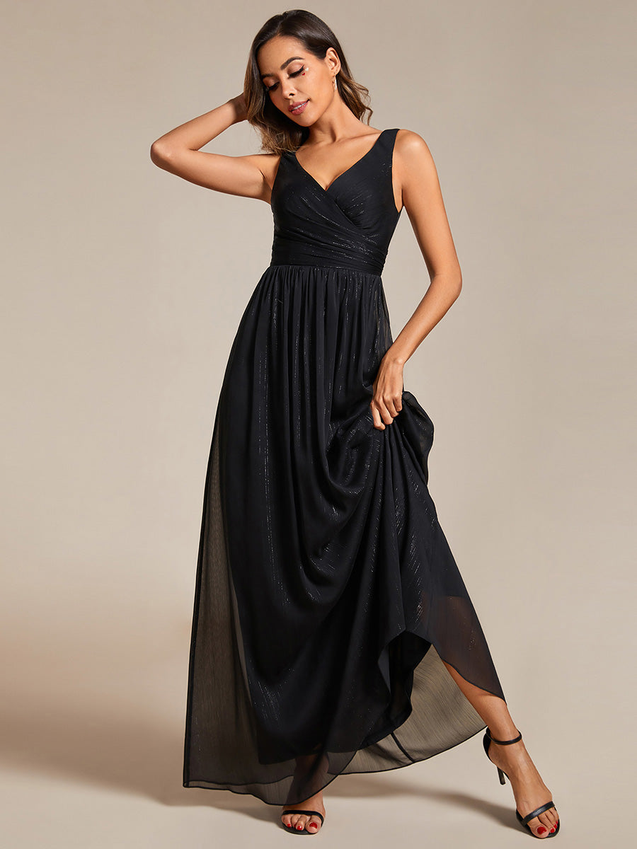 Color=Black | Glittery Floor Length V-Neck Sleeveless Evening Dress-Black 5