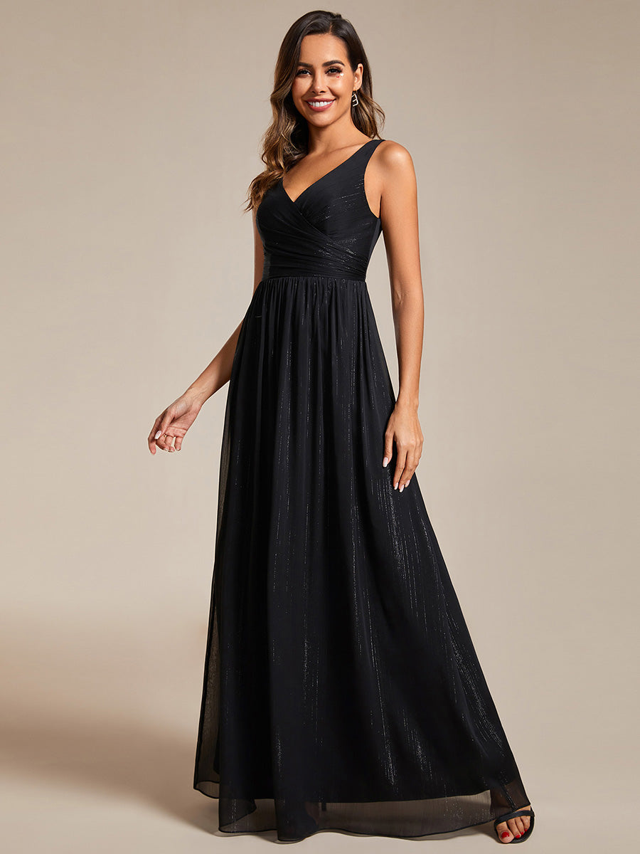 Color=Black | Glittery Floor Length V-Neck Sleeveless Evening Dress-Black 4