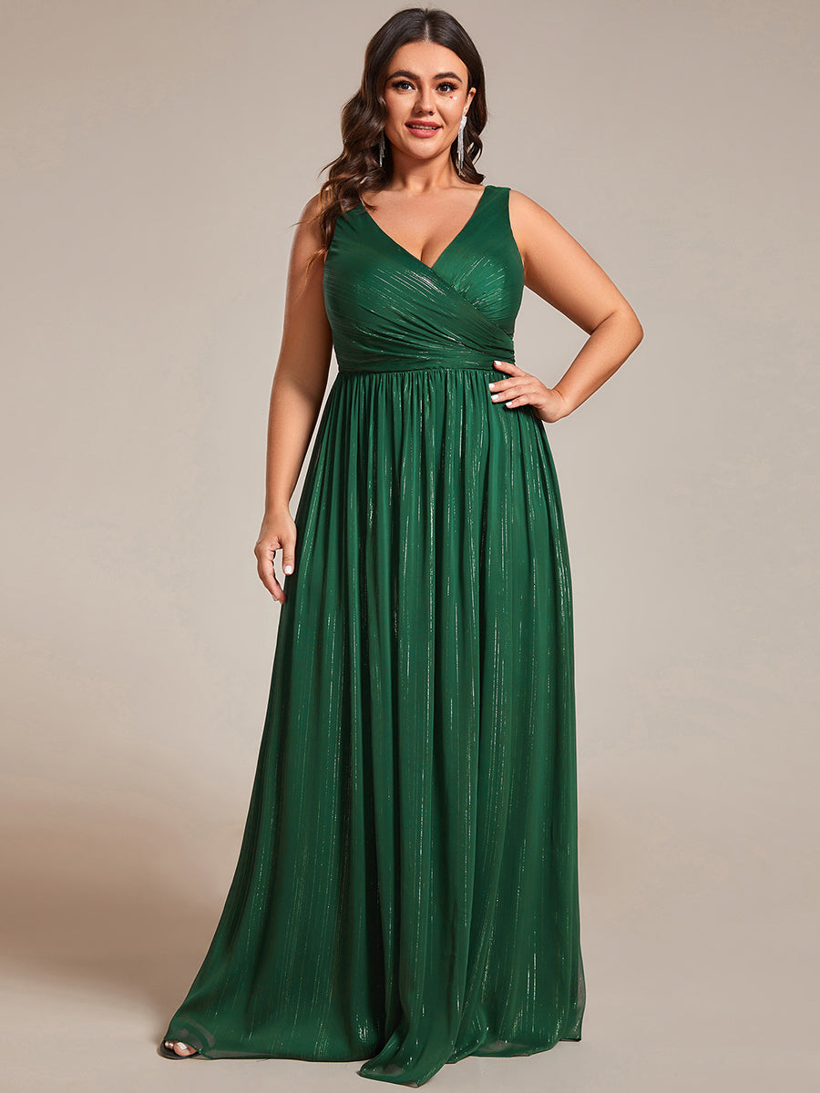 Color=Plus Charcoal | Glittery Floor Length V-Neck Sleeveless Evening Dress-Dark Green