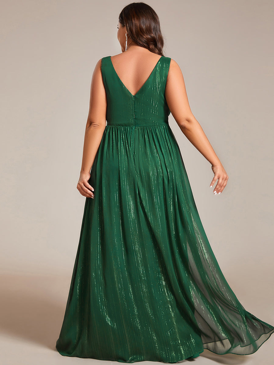 Color=Plus Charcoal | Glittery Floor Length V-Neck Sleeveless Evening Dress-Dark Green